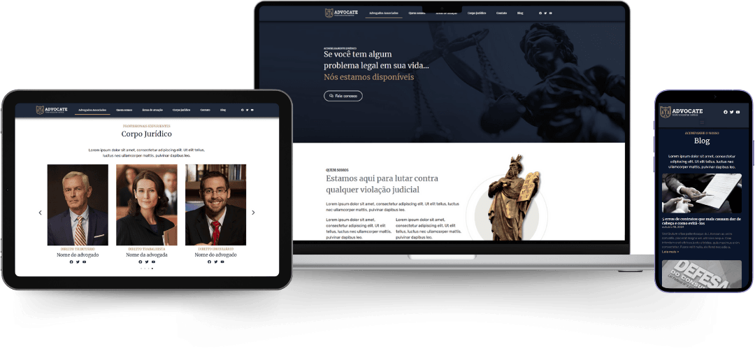 Apresentação do site do escritório de advocacia em vários dispositivos, demonstrando sua responsividade.