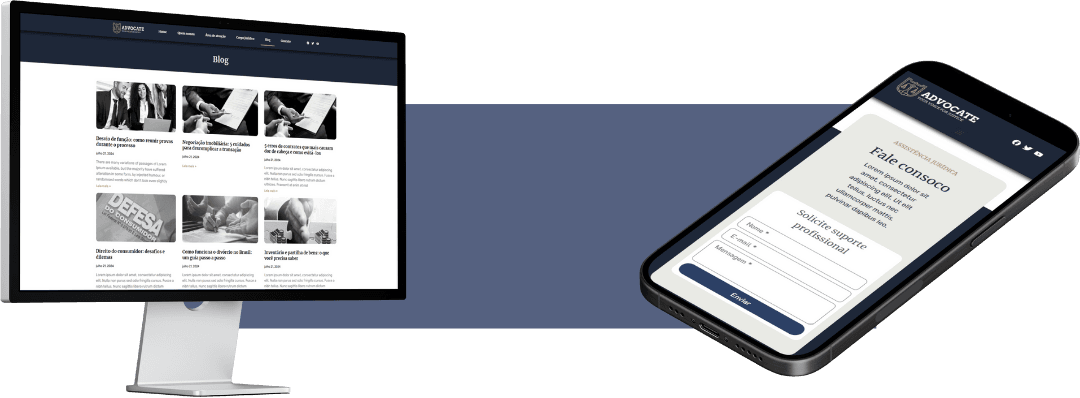 Apresentação do site do escritório de advocacia em vários dispositivos, demonstrando sua responsividade.