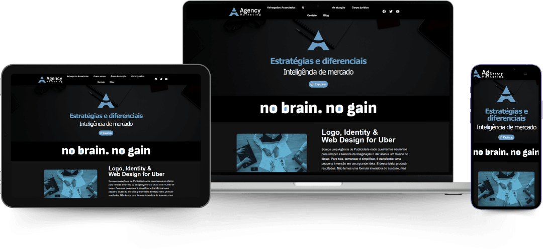 Apresentação do website de agência em vários dispositivos, demonstrando sua responsividade.