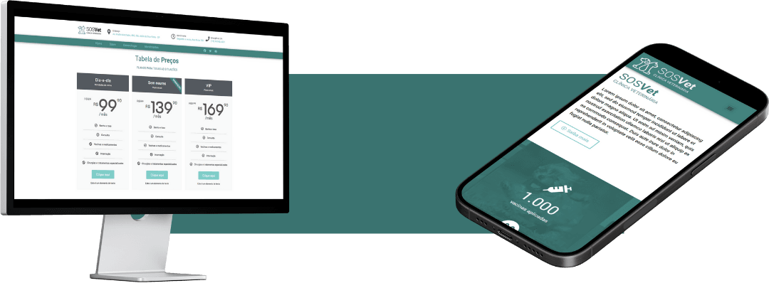 Apresentação do site de clínica veterinária em vários dispositivos, demonstrando sua responsividade.